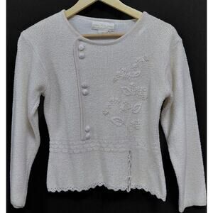 Kin Embroidered Knit Cardigan Sweater White Solid Long Sleeve-See Measurements